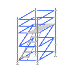 Mobile scaffolding, white background, used in construction areas.