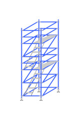 Mobile scaffolding, white background, used in construction areas.