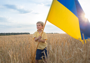 6-year-old boy with yellow-blue large flag stands in wheat field, looks ahead © Anna
