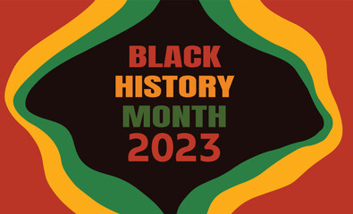 Black history month 2023 banner with African American flag colored ribbons background. Vector design for USA ethnic heritage holiday celebration. Invitation, flyer design.