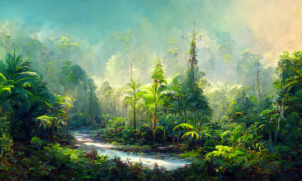 tropical forest, jungle landscape, digital art background
