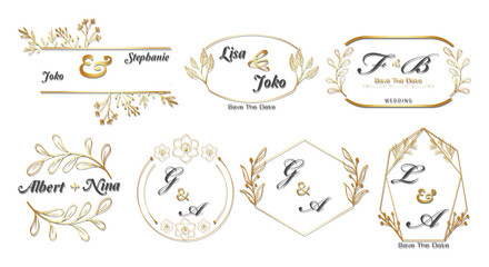 gold frame decor set, vintage calligraphy design and floral leaf with surround shape, invitation template, wedding, greeting card, etc.