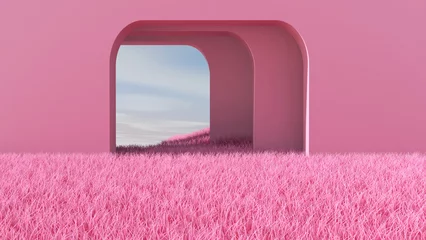Fotobehang Fluor Roze Meadow in the room. 3D illustration, 3D rendering    © wichuda