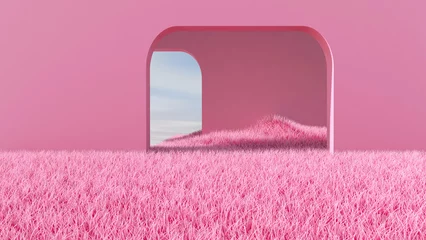 Fotobehang Fluor Roze Meadow in the room. 3D illustration, 3D rendering    © wichuda