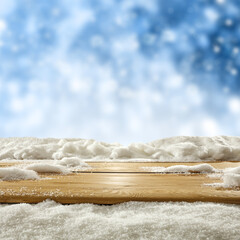 Desk of free space and winter background 