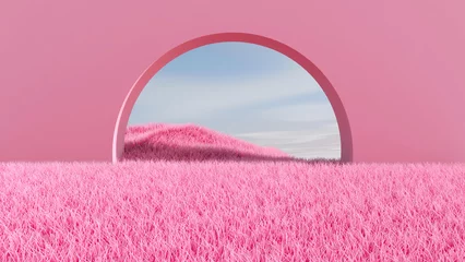Fotobehang Fluor Roze Meadow in the room. 3D illustration, 3D rendering    © wichuda