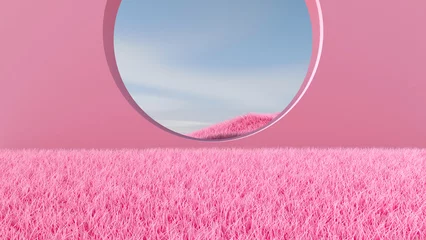 Fotobehang Fluor Roze Meadow in the room. 3D illustration, 3D rendering    © wichuda