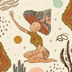 A hand-drawn boho illustration. Magical, isoteric woman, tropical leaves, stars, sun, moon