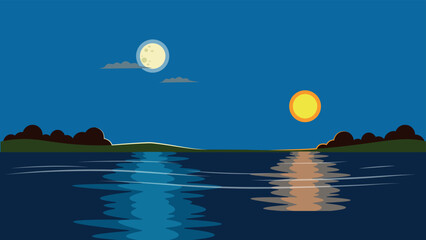 Lunar path on the lake, 2 types of shade of the moon