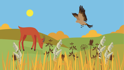 Eagle and roe deer, steppe animals