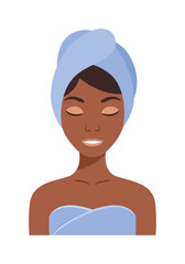 A Beautiful Black Woman with a Towel on her Head. Lady with Clean and Healthy Skin on her Face. Woman after a Shower with her Eyes Closed. Color Cartoon style. White background. Vector illustration.