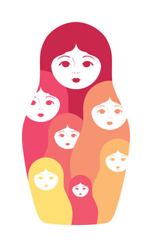 A Beautiful Matryoshka Doll with a Pretty Face. There are other Little Dolls Inside the Matreshka. Color Flat Cartoon Fashion Style. White background. Vector illustration.