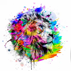 Tuinposter Lion head with colorful creative abstract element on dark background color art © reznik_val