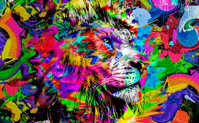 Gordijnen Lion head with colorful creative abstract element on dark background color art © reznik_val
