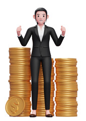 Happy business woman in black formal suit getting lots of piles of gold coins, 3d illustration of a business woman in a black suit holding dollar coin