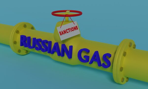 Gas pipeline pipe for pumping gas with closed valve, on which hangs SANCTION sign. On pipe there is inscription russian gas. 3D-rendering.