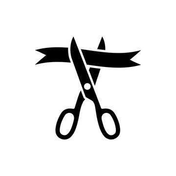 Grand opening concept. Black silhouette scissors cut the tape. Vector illustration flat design. Isolated on background. Presentation and event. Symbol of the start of the project. Ceremony and ritual.