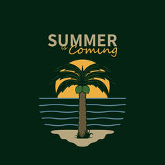 Summer is coming logo with coconut tree, sun and sea design. Vector illustration for season banner, label, poster,etc.
