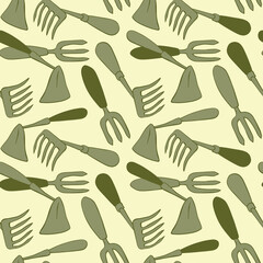 Seamless pattern with hoes. Hand drawn outline vector background and texture in doodle style, isolated. Gardening tools for working in the garden, on the farm, in the dacha, country site