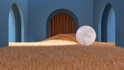 Moon 3d glowing on meadow. 3D illustration, 3D rendering