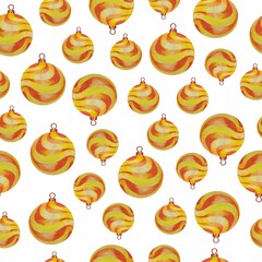 Watercolor painting pattern of green Christmas balls seamless repeating print. Wavy decorative ornament.