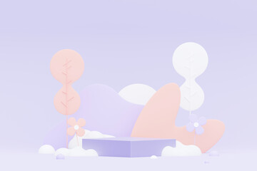 3d render Pastel Purple minimal background with podium stand. Purple stage platform for cosmetic product presentation and advertising. Studio scene with showcase pedestal in clean design.
