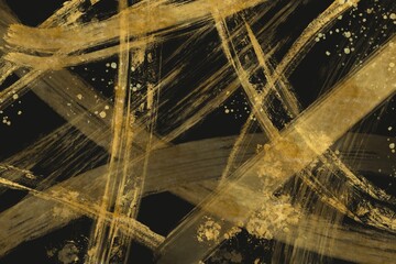 曲線と直線のかすれた金色の筆跡　抽象ダークテンプレート　しぶき　黒背景　和風　筆　にぎやか　東洋