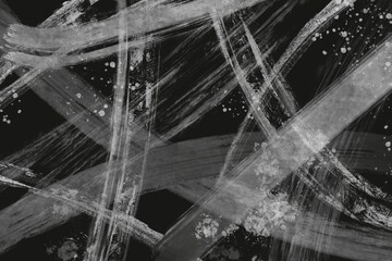 曲線と直線のかすれた銀色の筆跡　抽象ダークテンプレート　しぶき　黒背景　和風　筆　にぎやか　東洋