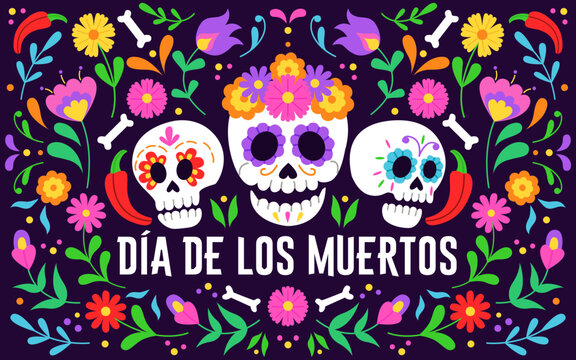 Dia de Los Muertos banner colorful style. Day of the Dead. Vector flat cartoon illustration with skulls and colorful flowers. Mexico Halloween party flyer. 