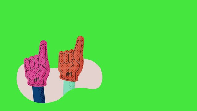 Foam fingers number one waving surrounded with sprinkles. Fans gloves animation. 4K chroma key animated video.