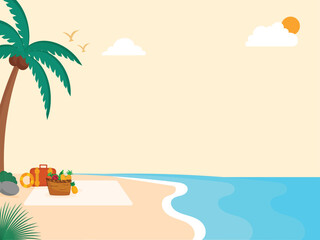 Summer time, traveling concept, beach background, shiny sun, palm trees and fruits basket. Flat style illustration for summer holidays.