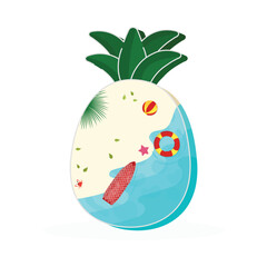 Summer Pineapple concept with beach background and surfing board for summer holidays or travel concept with space for your message.