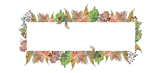 Rectangular banner on the autumn theme with yellow leaves, twigs from the autumn forest painted in watercolor by hand. A great option for the design of invitations, postcards and scrapbooking.