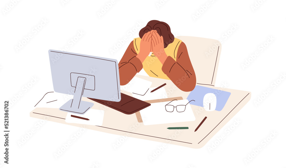 Poster tired overworked employee at workplace. exhausted fatigue office worker with eyes ache, sitting at c