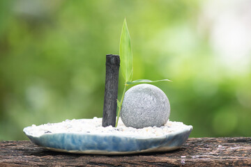 Purify the air with bamboo charcoal tray garden on nature background.