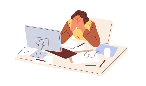 Tired overworked employee at workplace. Exhausted fatigue office worker with eyes ache, sitting at computer desk, overloaded with work, papers. Flat vector illustration isolated on white background
