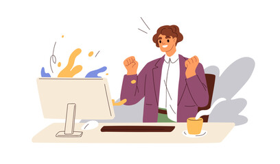 Happy employee rejoicing victory, success at computer desk. Office workers joy, luck at work. Career, business achievement concept. Flat graphic vector illustration isolated on white background