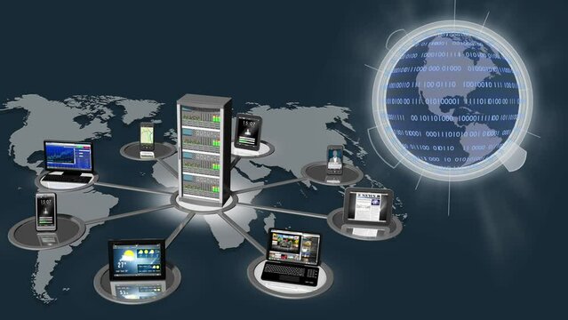 Filmato. Illustrazione 3D. Sfondo mondo digitale. Sequenza di zero e uno concetto di connessione globale tra persone, social network, e dispositivi informatici.