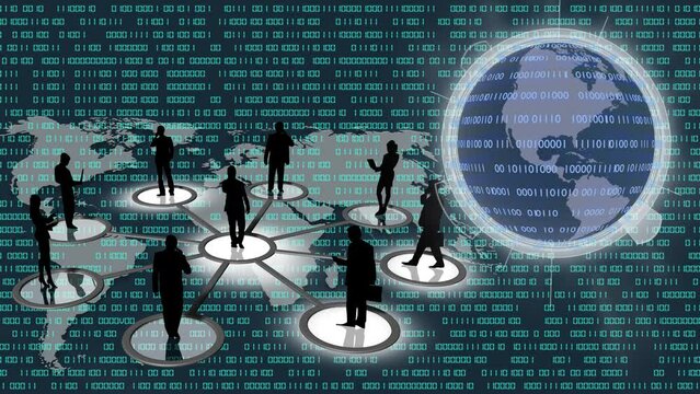 Filmato. Illustrazione 3D. Sfondo mondo digitale. Sequenza di zero e uno concetto di connessione globale tra persone, social network, e dispositivi informatici.