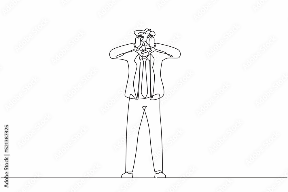 Poster single one line drawing businessman with round scribbles instead of a head. confused thoughtful pens