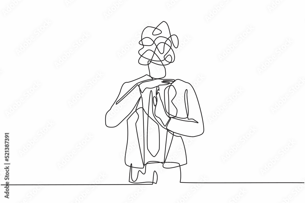 Poster single continuous line drawing businessman with round scribbles instead of head. stop working, time 