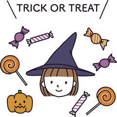 魔女の帽子をかぶった女の子とハロウィンのお菓子
