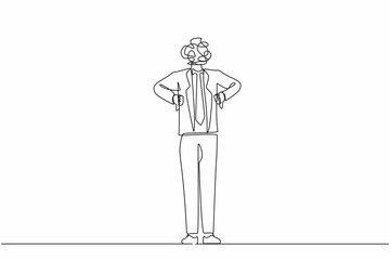 Continuous one line drawing businessman with round scribbles instead of head. Confused male manager standing and showing thumbs down sign. Disagreement, dislike. Single line draw design vector graphic