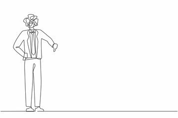 Fototapeta na wymiar Single continuous line drawing businessman with round scribbles instead of a head. Confused male showing thumbs down sign. Disagreement, disgust and negative expressions. One line draw design vector