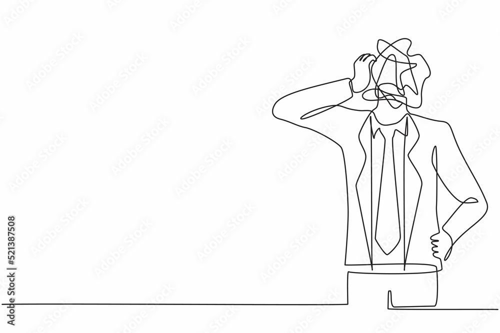 Poster single one line drawing businessman with round scribbles instead of a head. doubting man. memory and