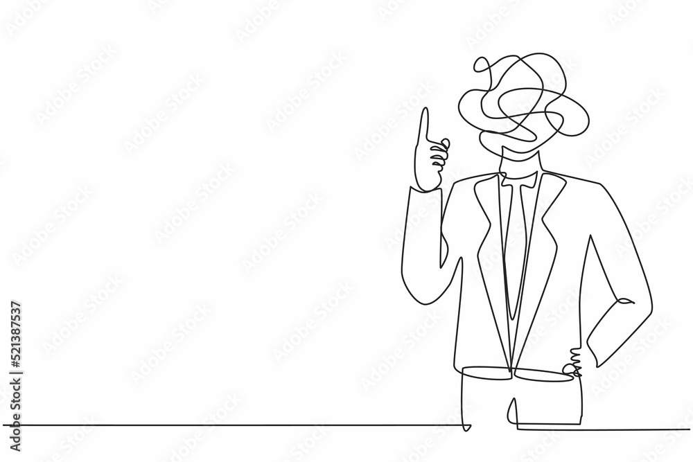 Poster continuous one line drawing businessman with round scribbles instead of a head. male manager represe