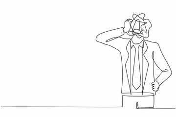 Single one line drawing businessman with round scribbles instead of a head. Doubting man. Memory and solution, searching and thinking concept. Continuous line draw design graphic vector illustration