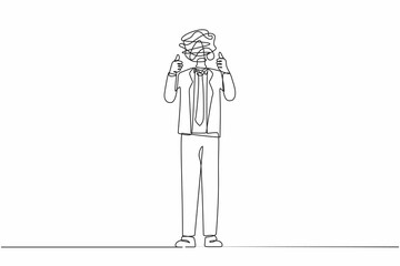 Single one line drawing businessman with round scribbles instead of a head. Confused male manager standing and showing thumbs up positive gesture with hand. Continuous line draw design graphic vector