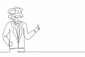 Single continuous line drawing businessman with round scribbles instead of a head. Male manager showing thumbs up sign. Deal, like, agree, approve, accept. One line graphic design vector illustration