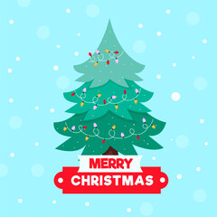 Fototapeta premium Merry Christmas tree on blue background. Vector illustration